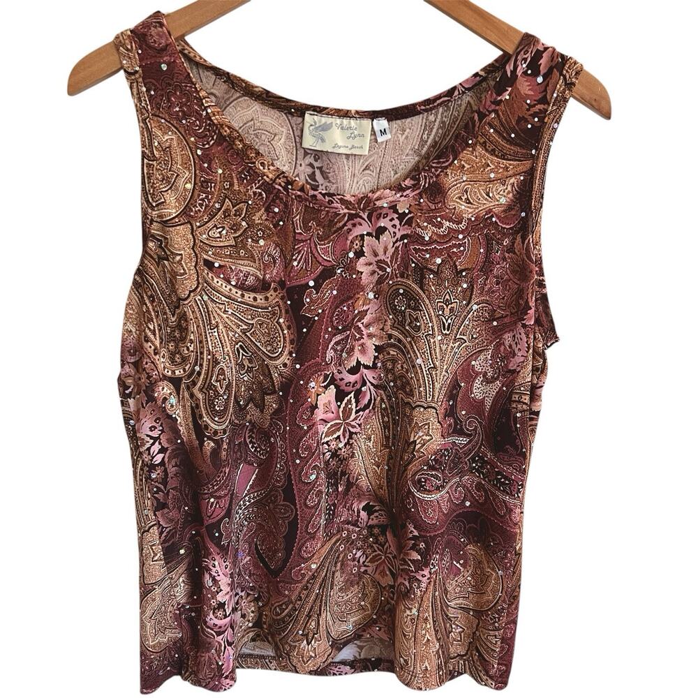 Valerie Lynn Boho Paisley Sequin Tank Top Womens Medium Summer Festival Floral